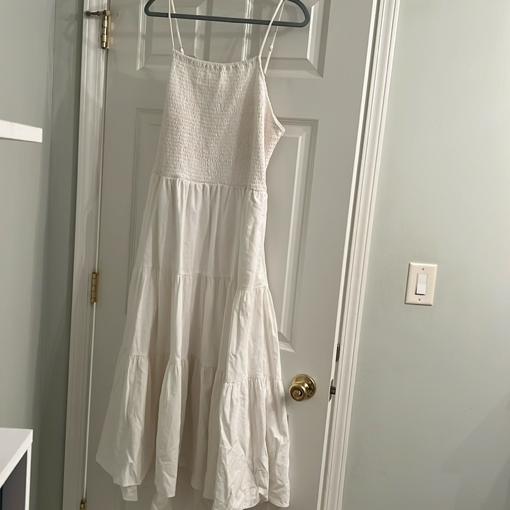 Sleeveless smocked linen midi sundress